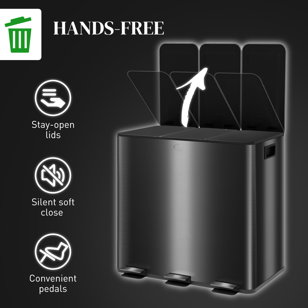 HOMCOM 3 x 15L Triple Kitchen Pedal Bin for Recycling & Waste, Black