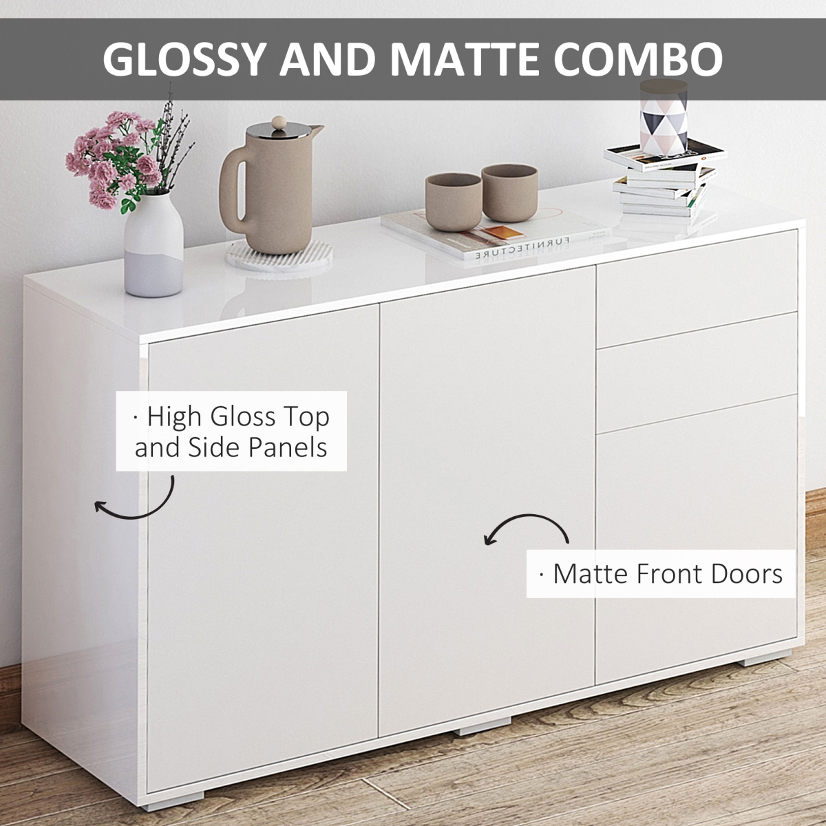 HOMCOM White Side Cabinet with 2 Doors, 2 Drawers, Adjustable Shelf, Push Open Design
