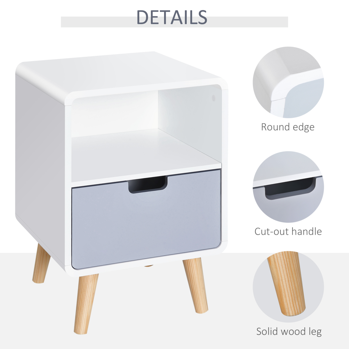 HOMCOM Scandinavian Nordic Style Bedside Table with Drawer and Open Shelf, End Table