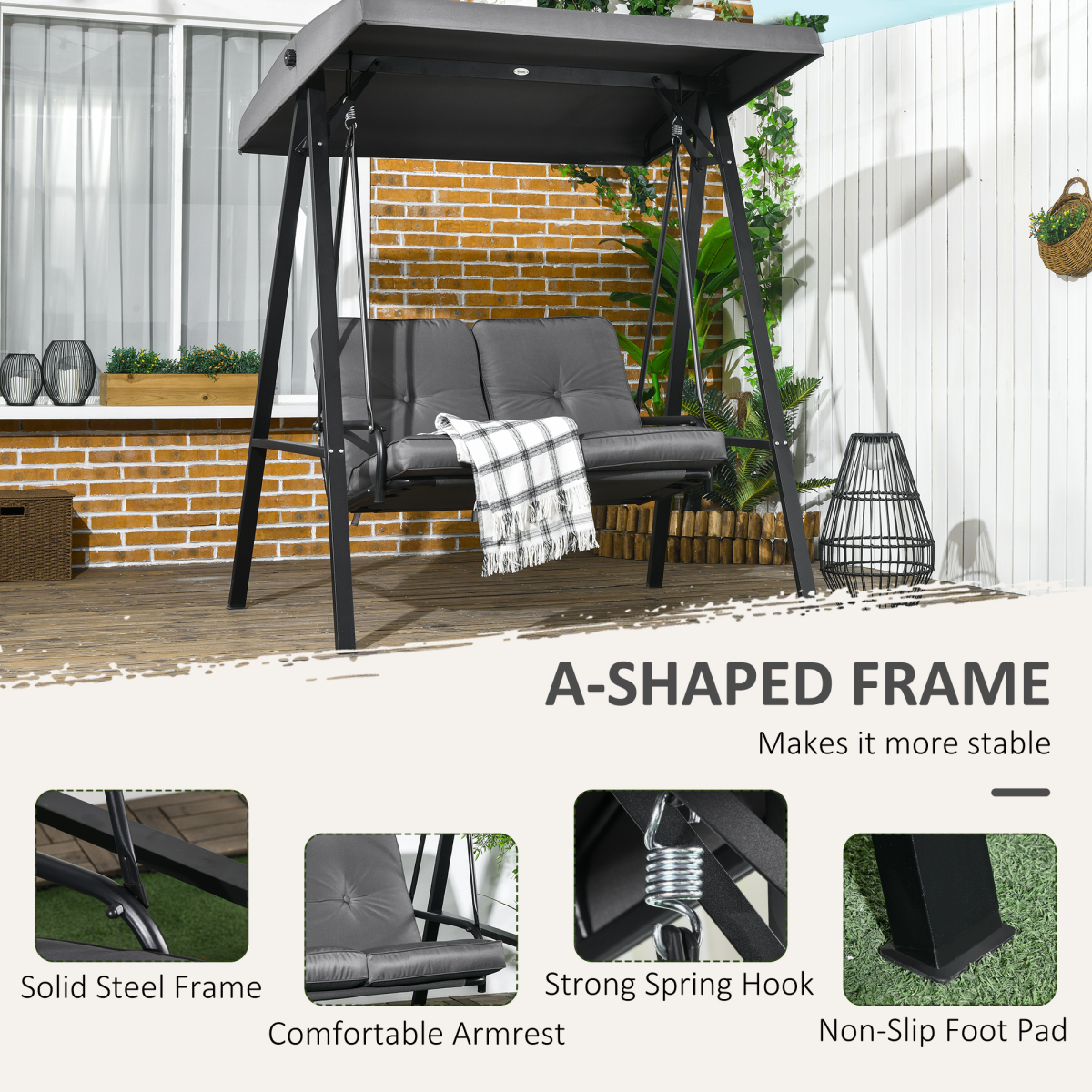 Outsunny 2-Seater Outdoor Swing Chair with Adjustable Canopy, Dark Grey