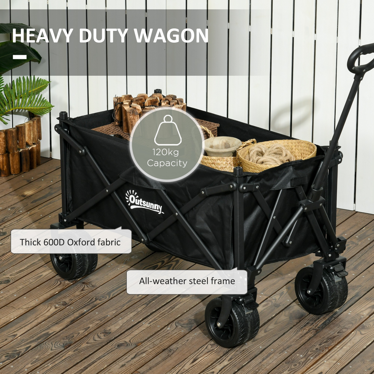 Outsunny Foldable Garden Cart Outdoor Utility Wagon with Carry Bag, Black