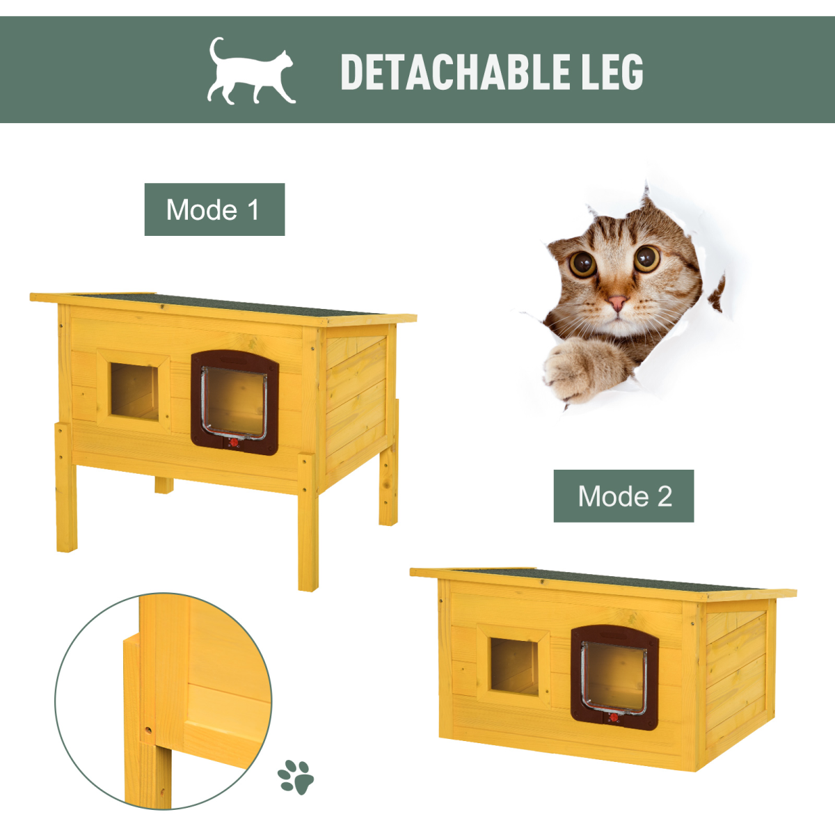 Wooden Outdoor Cat House with Openable Roof, Waterproof Asphalt Roof, Transparent Window, Lockable Door, Detachable Legs, Solid Fir Wood Frame