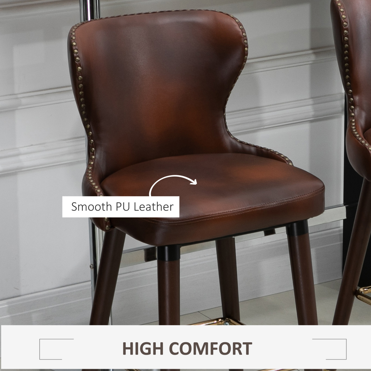 HOMCOM Set of 2 Brown PU Leather Bar Stools with High Back