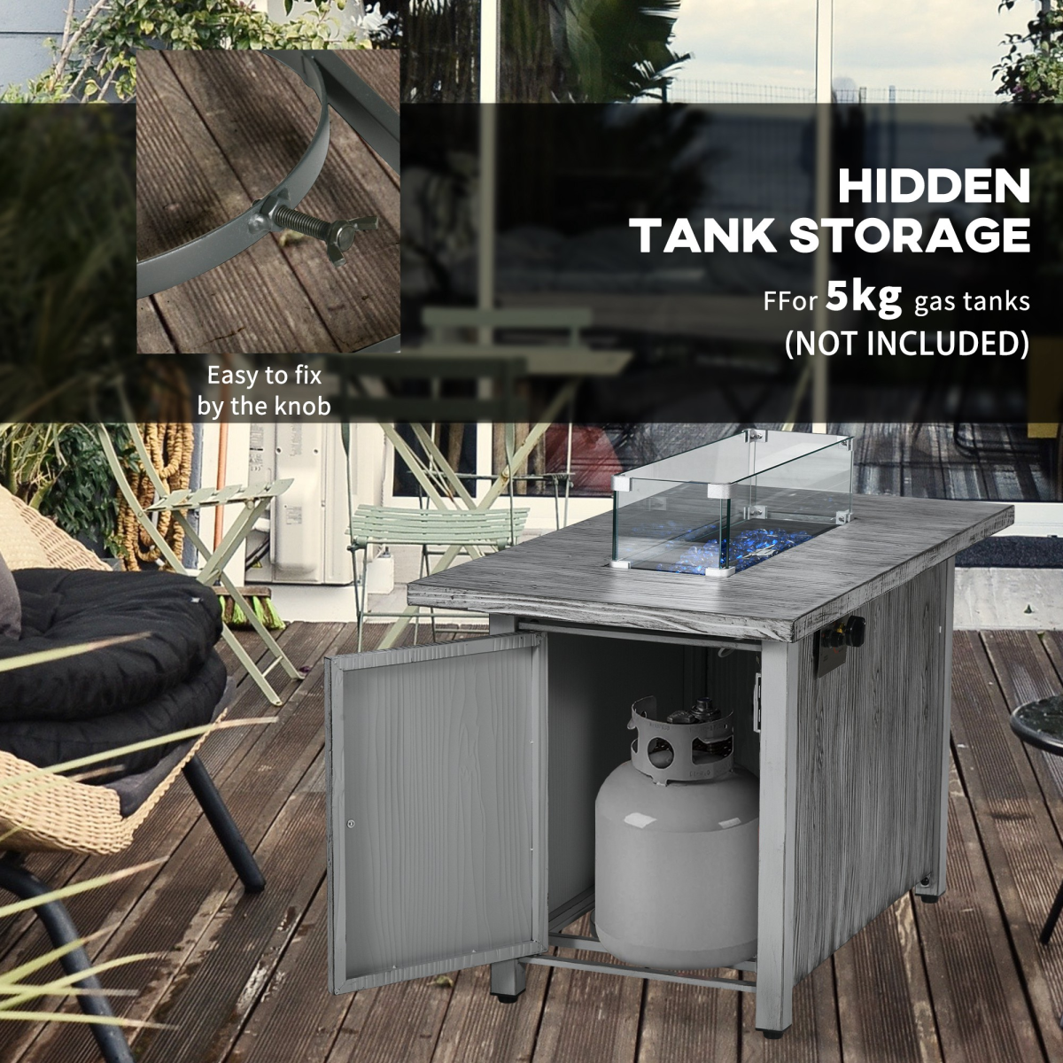Outsunny Gas Fire Pit Table with 50,000 BTU Burner, Glass Screen and Rain Cover, Grey
