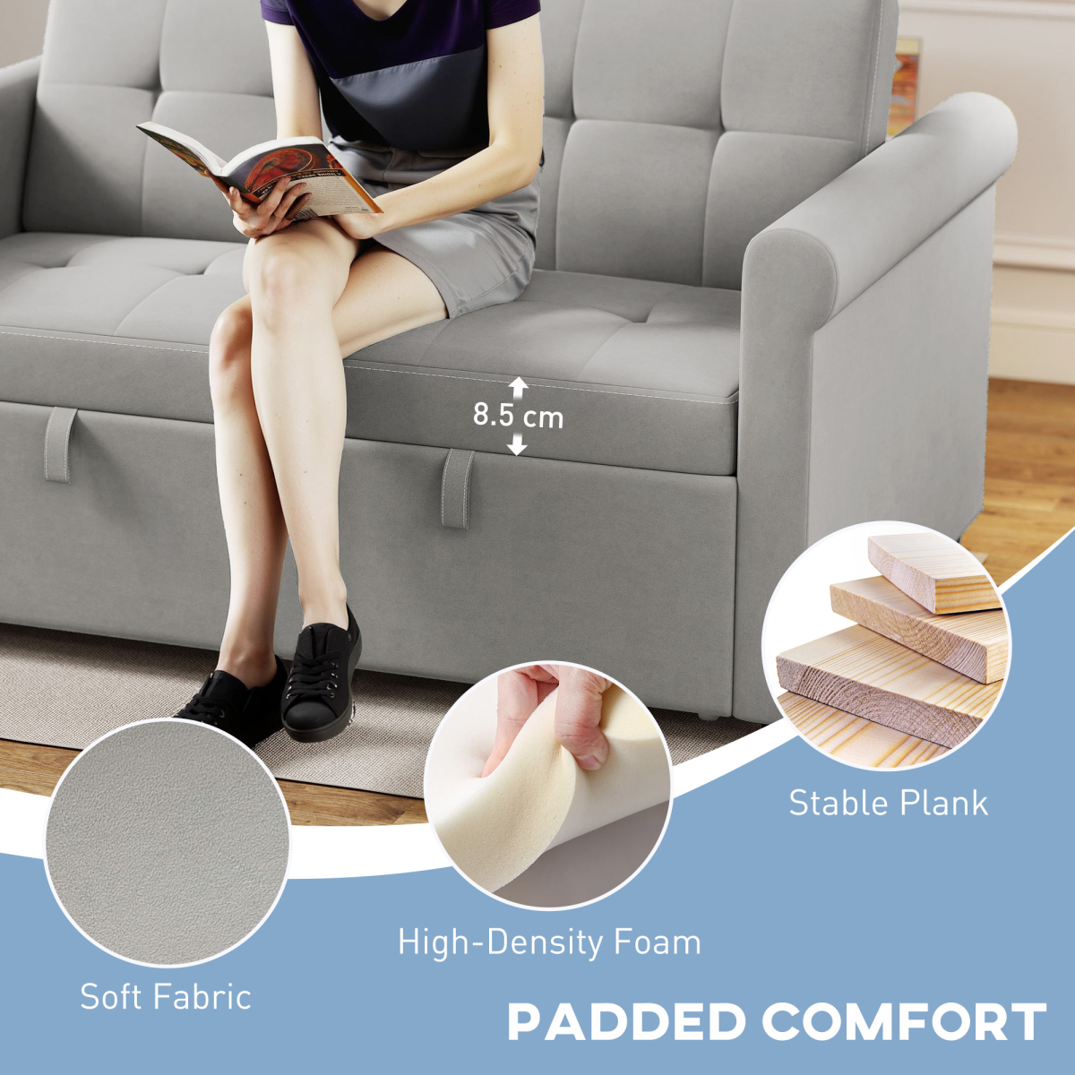 HOMCOM Grey Convertible Pull Out Sleeper Sofa Bed, Two-Seater