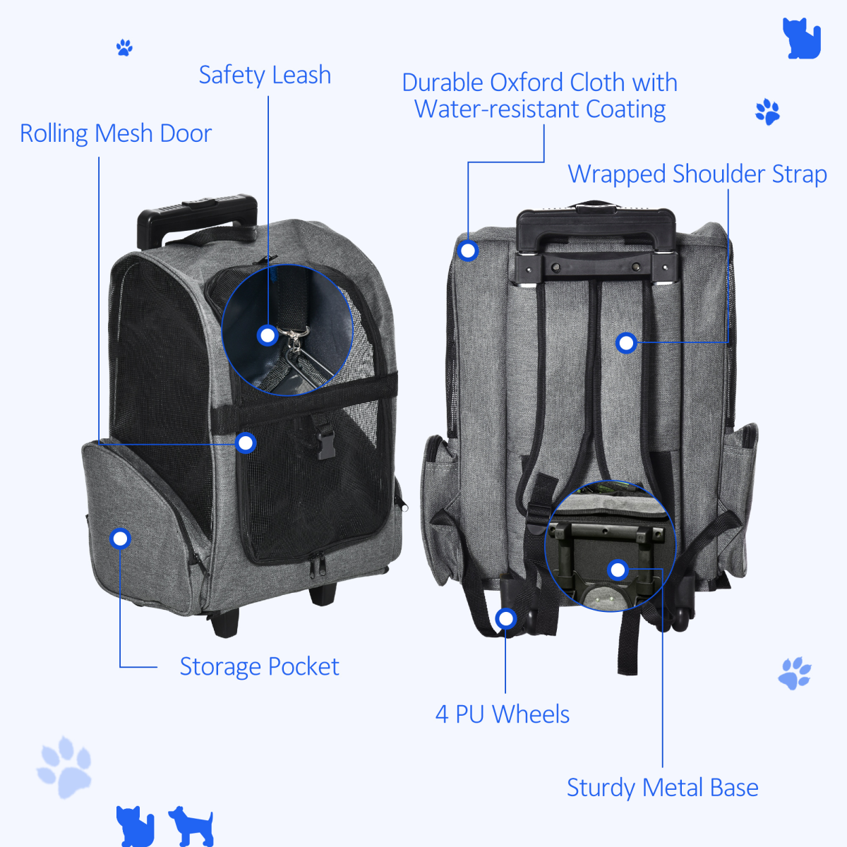Pawhut 2-in-1 Pet Travel Backpack Carrier with Trolley, Telescopic Handle, Detachable Wheels, Grey