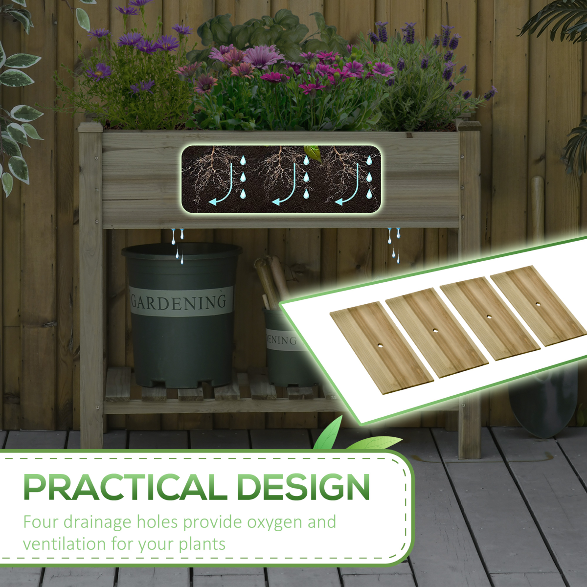 Outsunny Raised Wooden Garden Bed with Legs and Bottom Storage Shelf, Elevated Planter Box with Drainage Holes