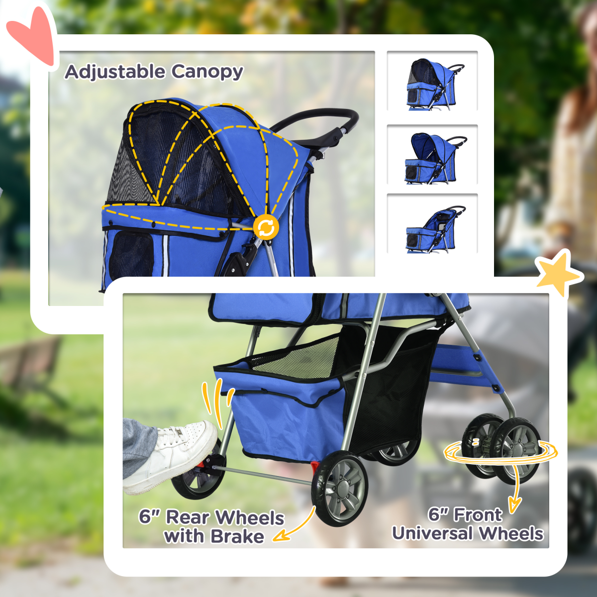 PawHut Foldable Pet Stroller for Small Dogs, 4-Wheel Jogger Pushchair with Brake, Mesh Windows, Storage Compartment and Cup Holder