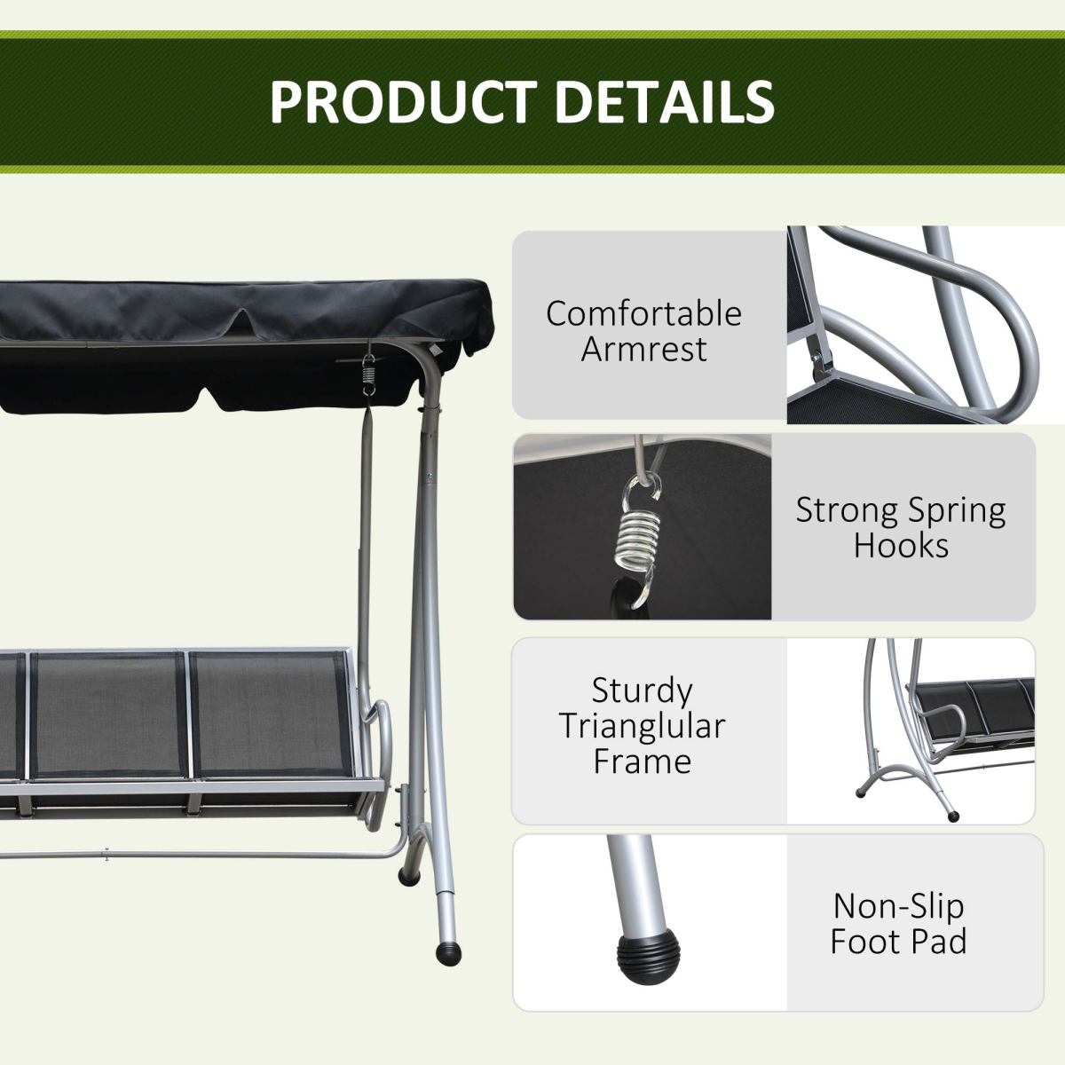 Outsunny 3-Person Steel Outdoor Swing Chair with Adjustable Canopy, Black Mesh Seat