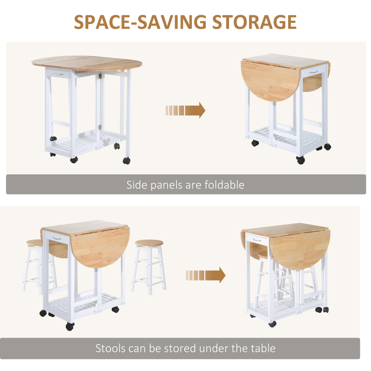 3-Piece Folding Dining Set with Rolling Cart and Stools