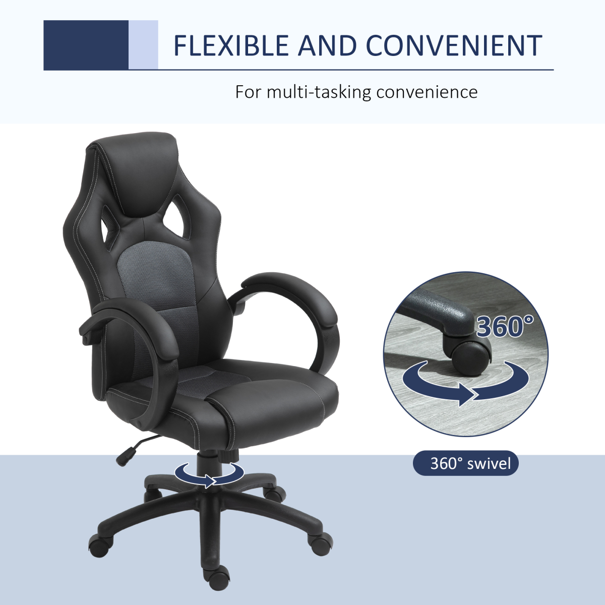 Vinsetto Grey PU Leather Racing Swivel Gaming Office Chair with Headrest