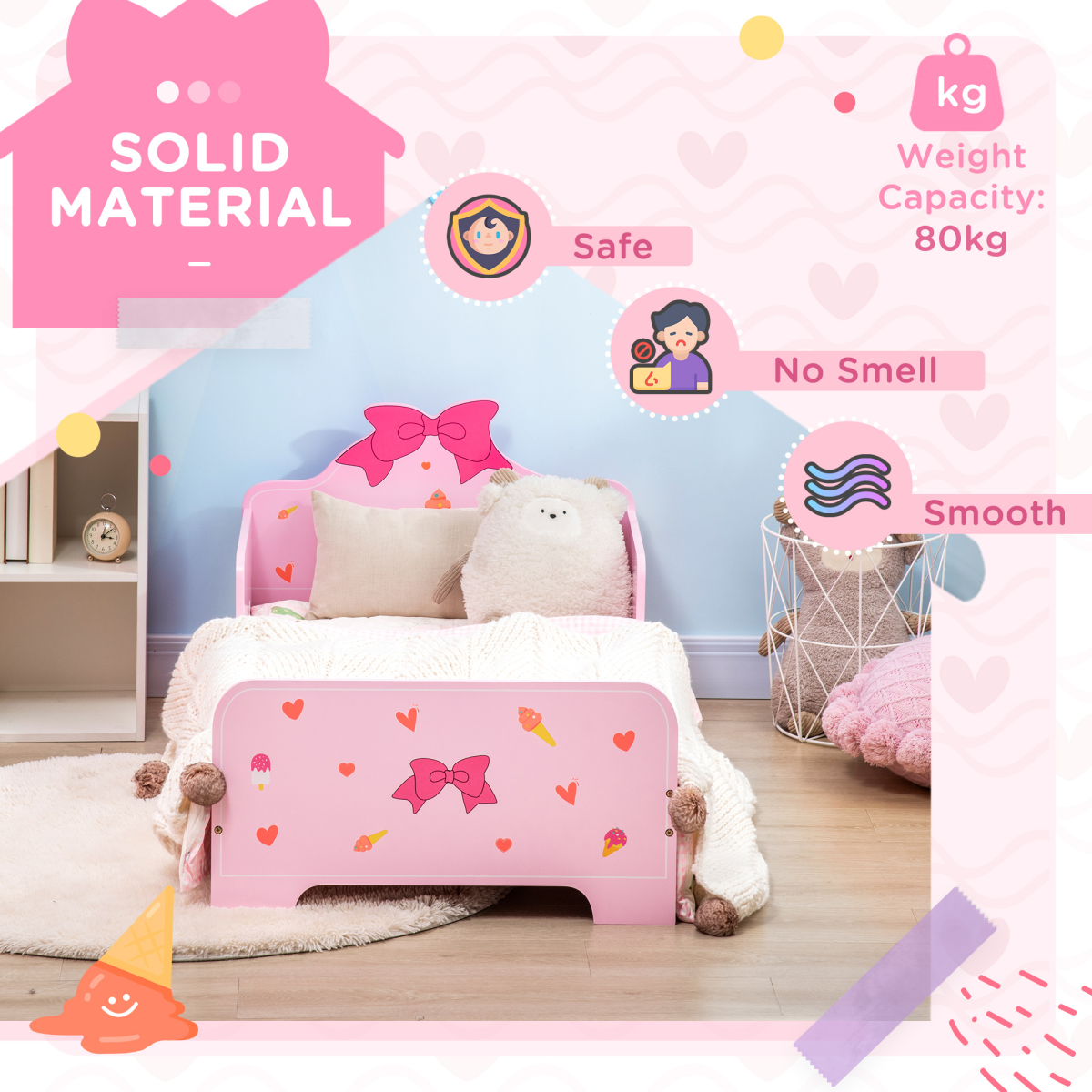 Pink Princess Toddler Bed with Safety Rails, Low Frame