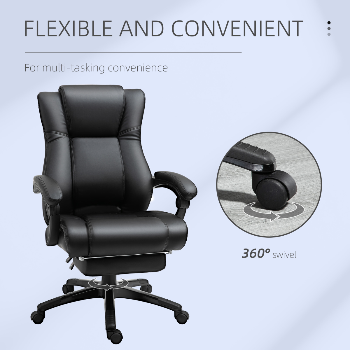 Executive High Back Office Chair with Reclining Backrest, Retractable Footrest, Adjustable Height, 360 Swivel Wheels, Black