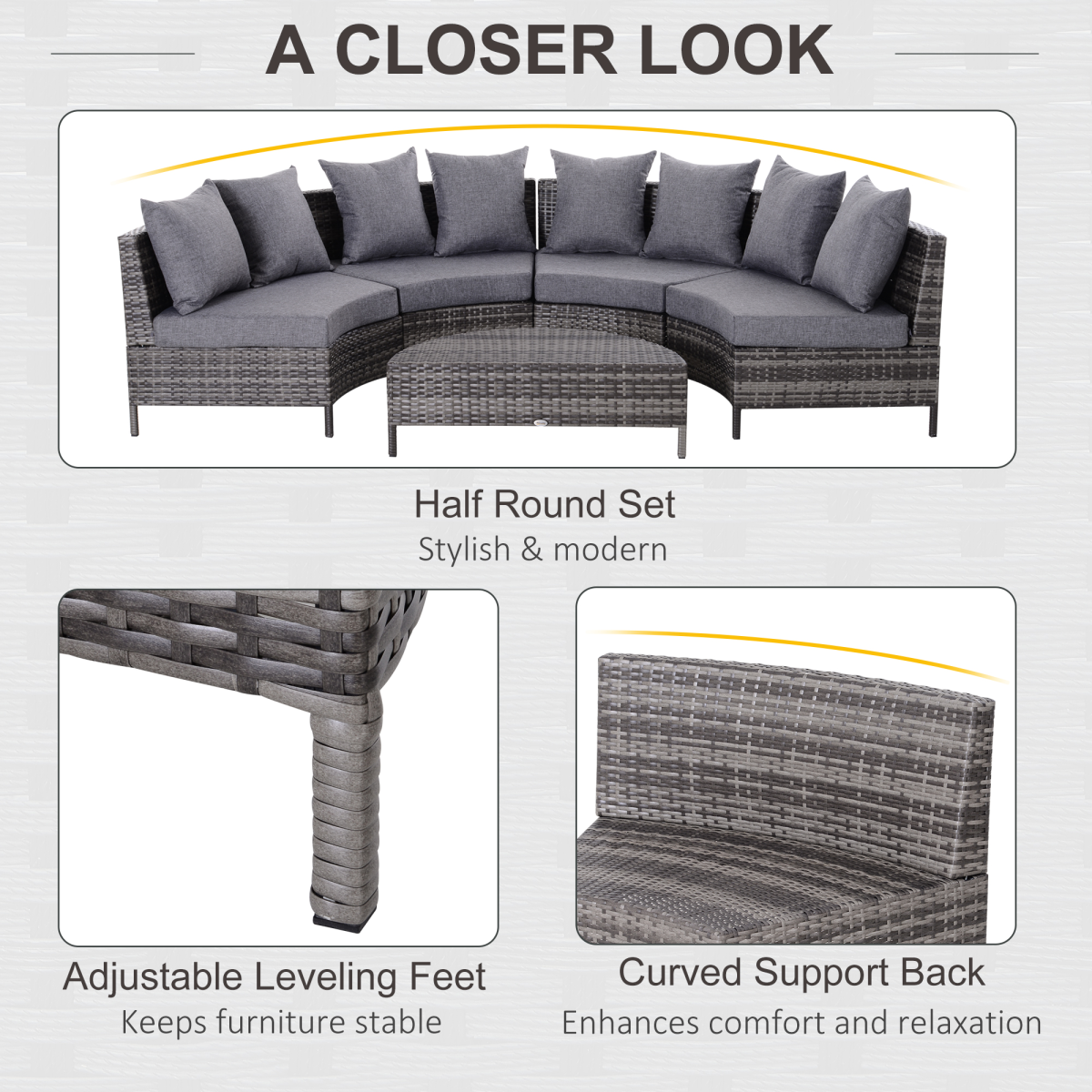 Outsunny 5-Piece Half Moon Rattan Garden Sofa Set, Grey
