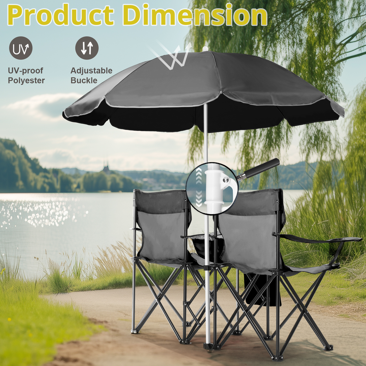 Portable Outdoor 2-Seat Folding Chair with Removable Sun Umbrella, Black