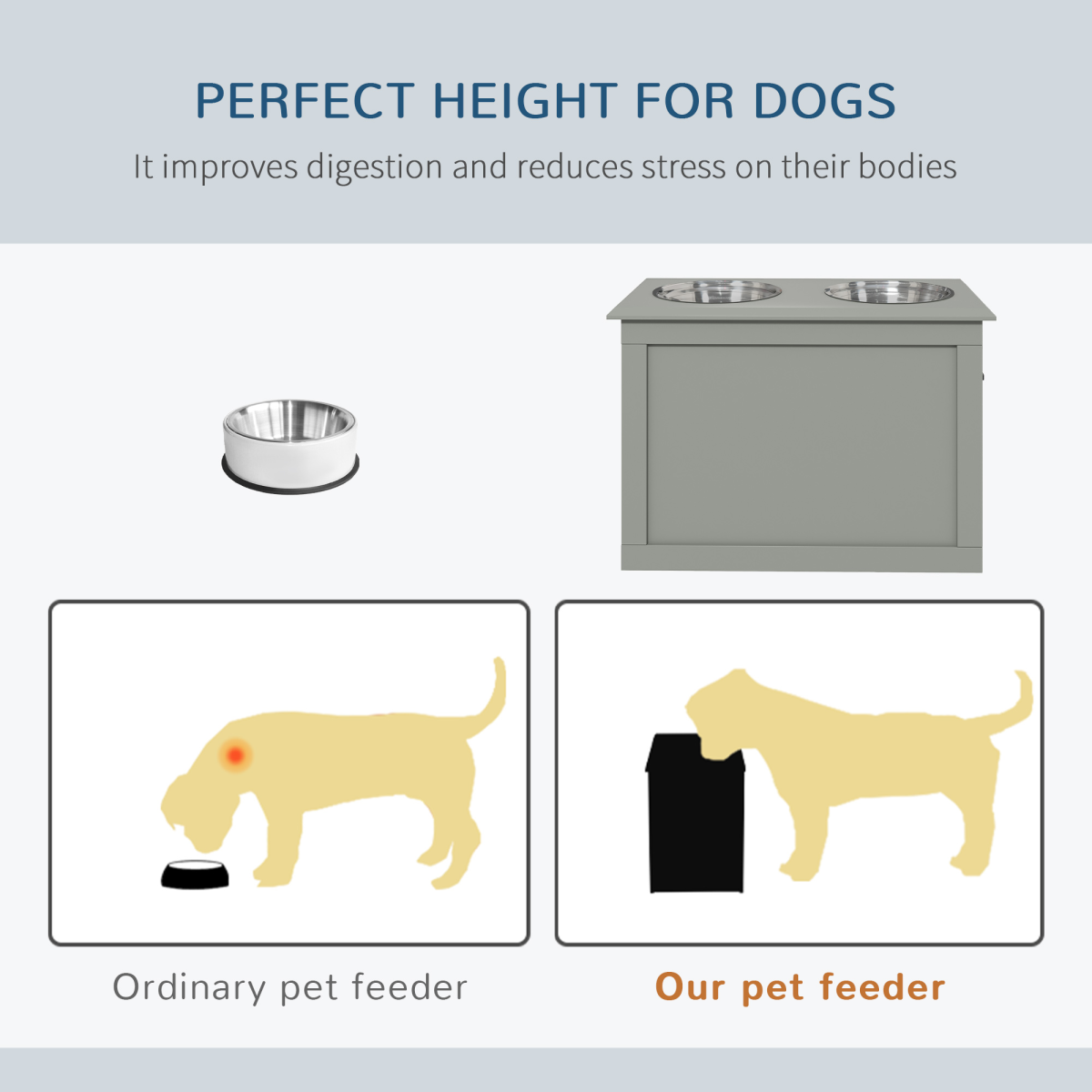 PawHut Elevated Dog Bowls with Storage, 2 Bowls, Grey