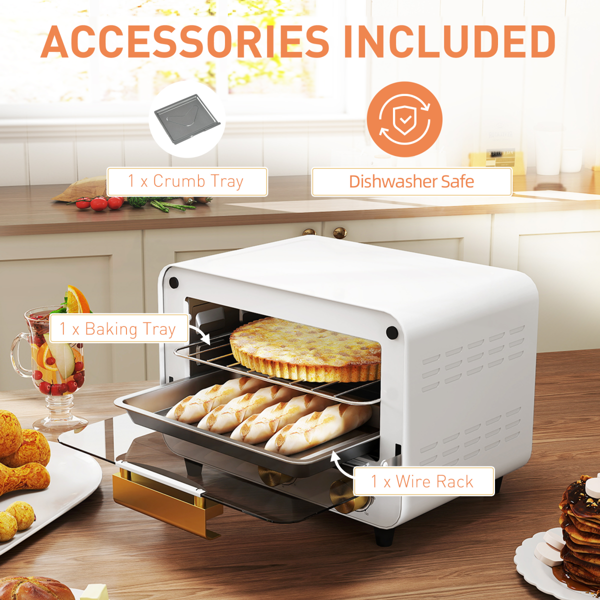 HOMCOM 12L Mini Countertop Toaster Oven, 750W, Glass Door, White