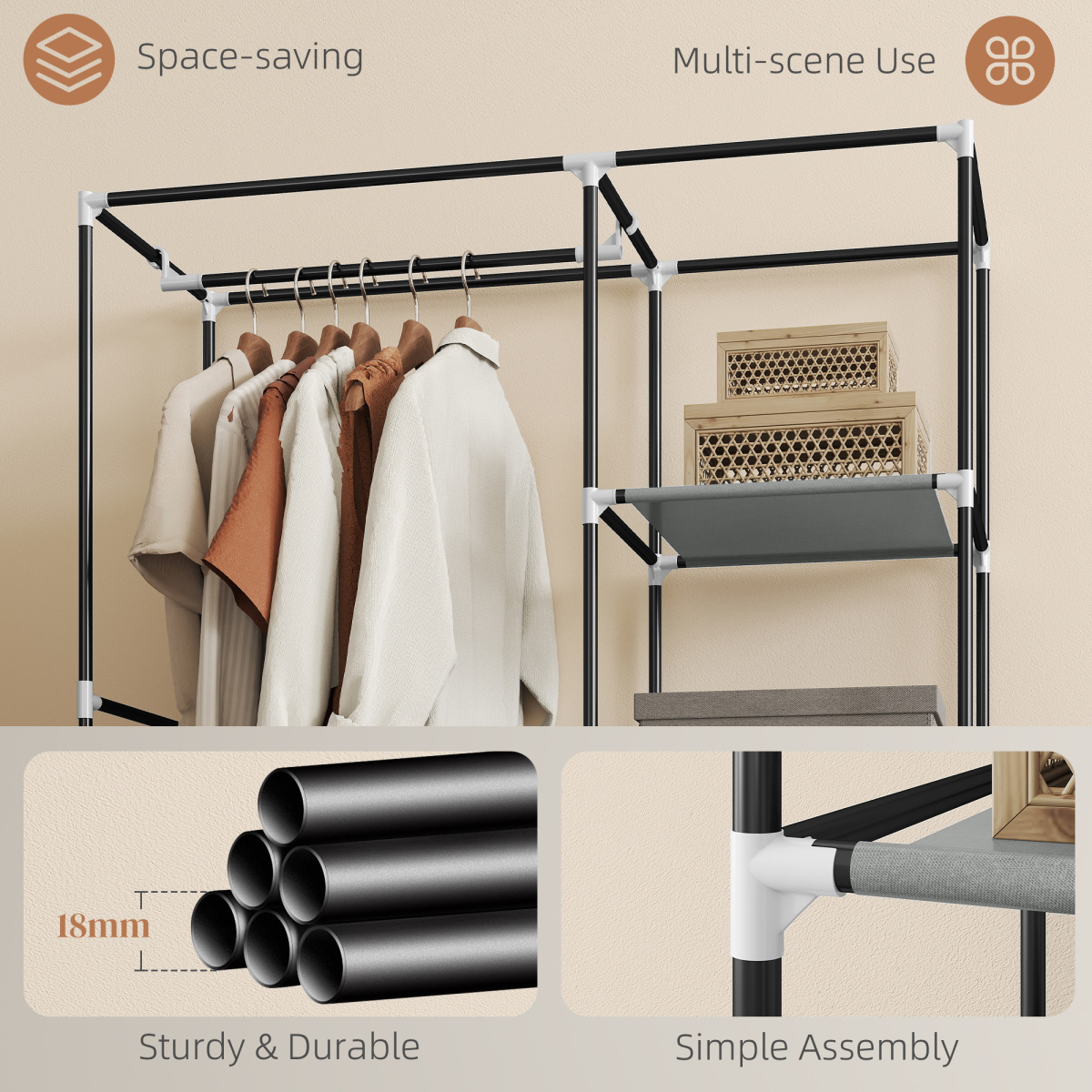 Portable Fabric Wardrobe with 6 Shelves, Hanging Rail, Light Grey