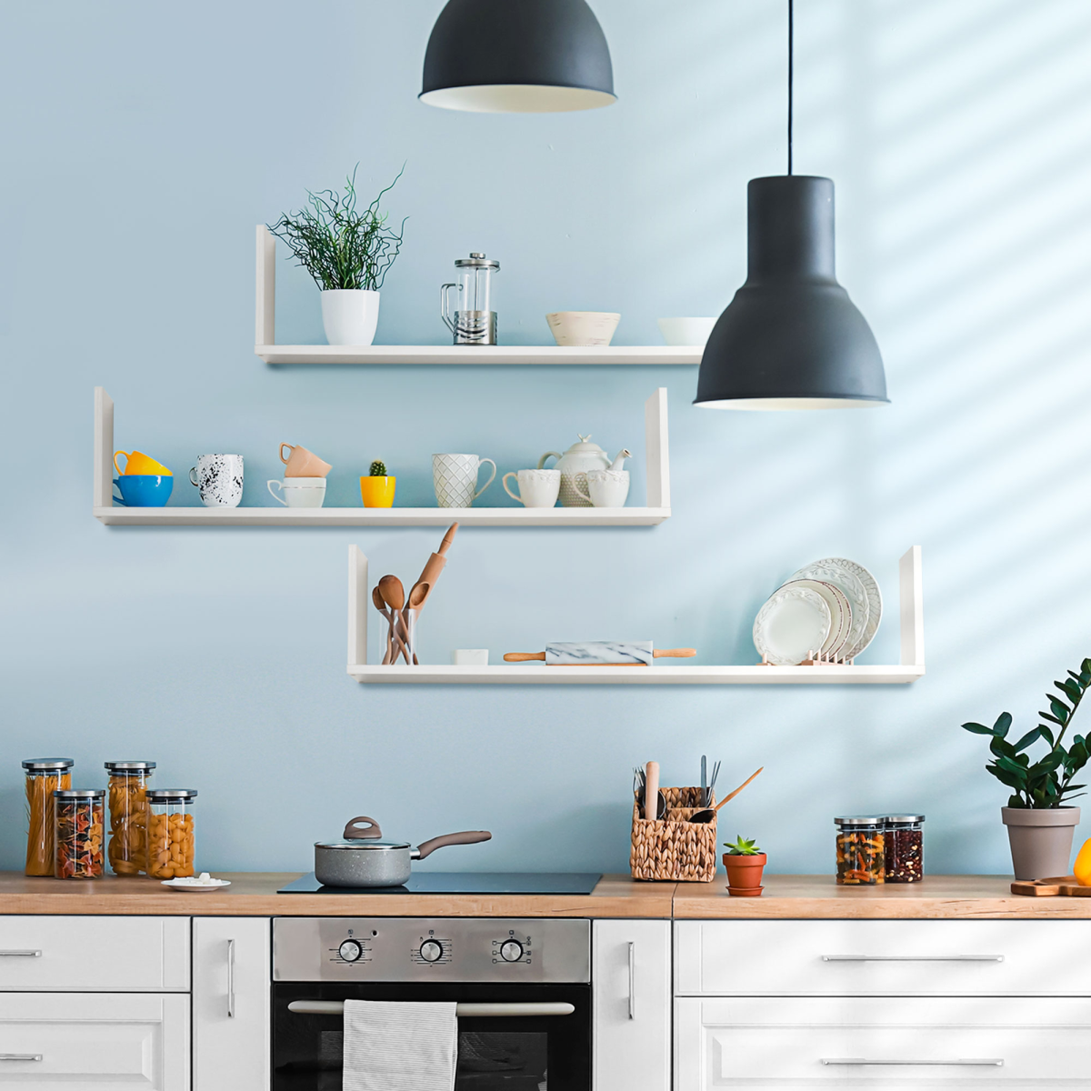 Set of 3 White Wooden Floating Wall Shelves Wall Mount Display Shelves