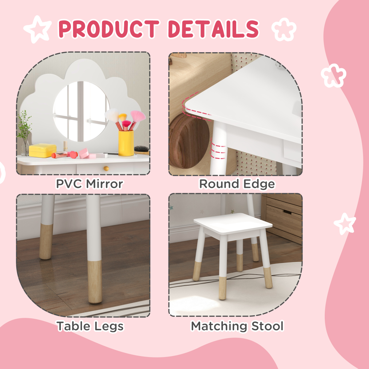 AIYAPLAY Kids Cloud Dressing Table Set with Mirror, Stool & Drawer