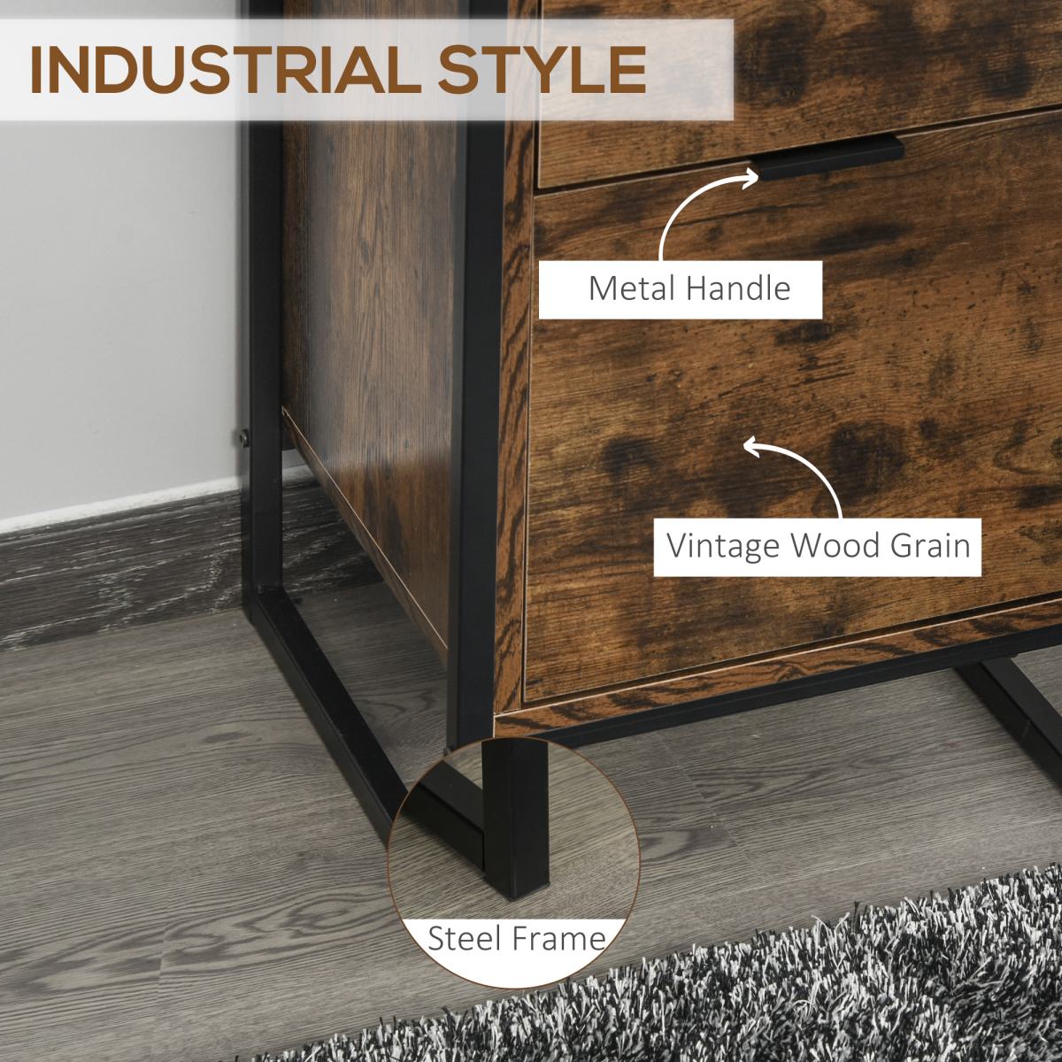Industrial 3-Drawer Storage Chest with Steel Frame, Brown