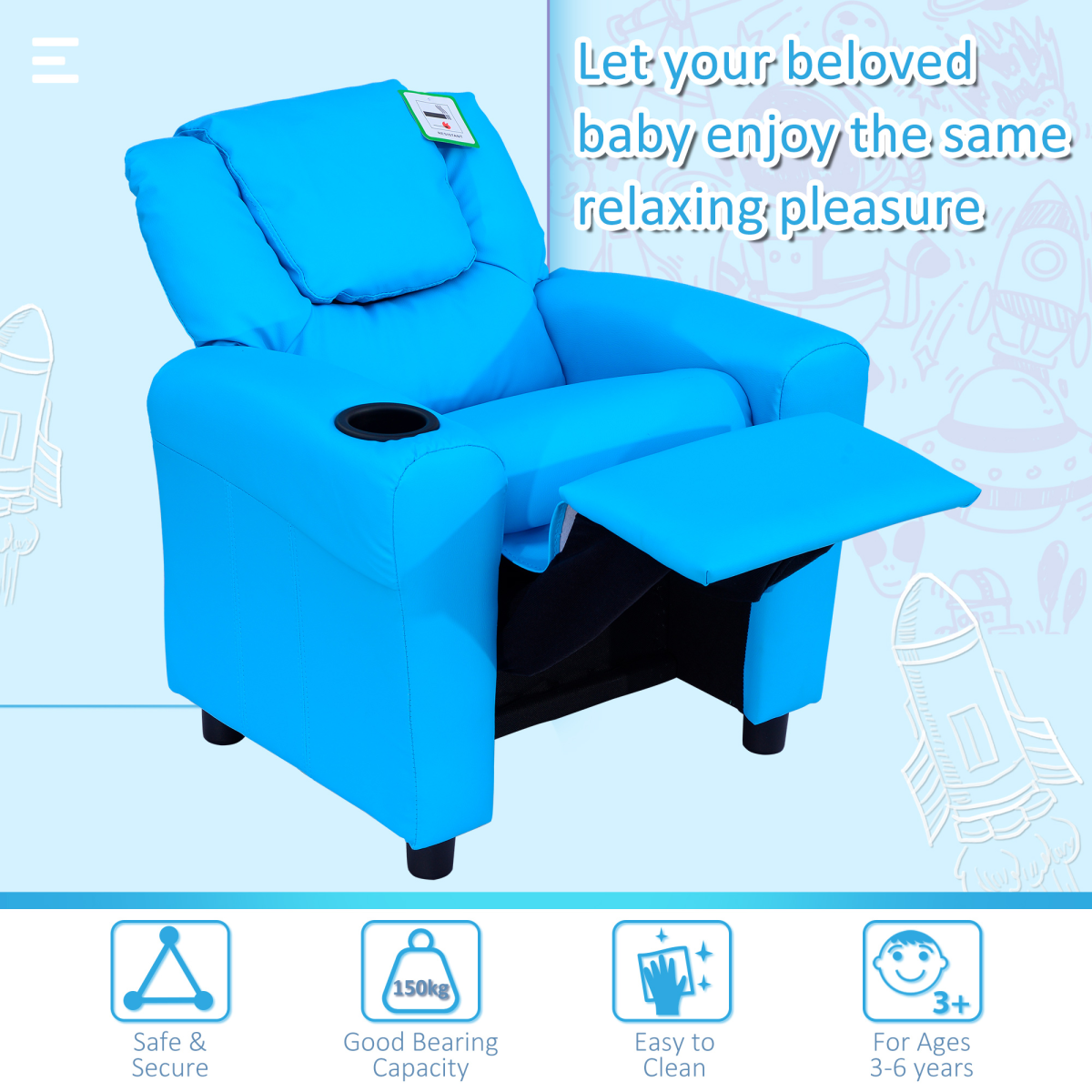 Kids Recliner Armchair with Footrest, Child Size PU Leather Sofa Chair for Girls and Boys, Ages 3-6 Years, Unbranded