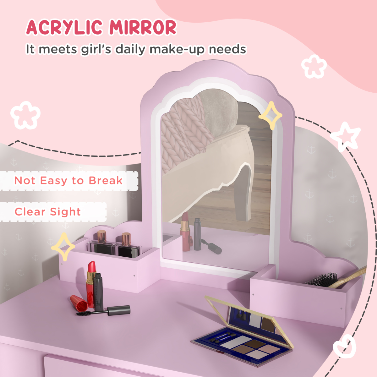 ZONEKIZ Kids Dressing Table Set with Mirror, Stool, Drawer Storage