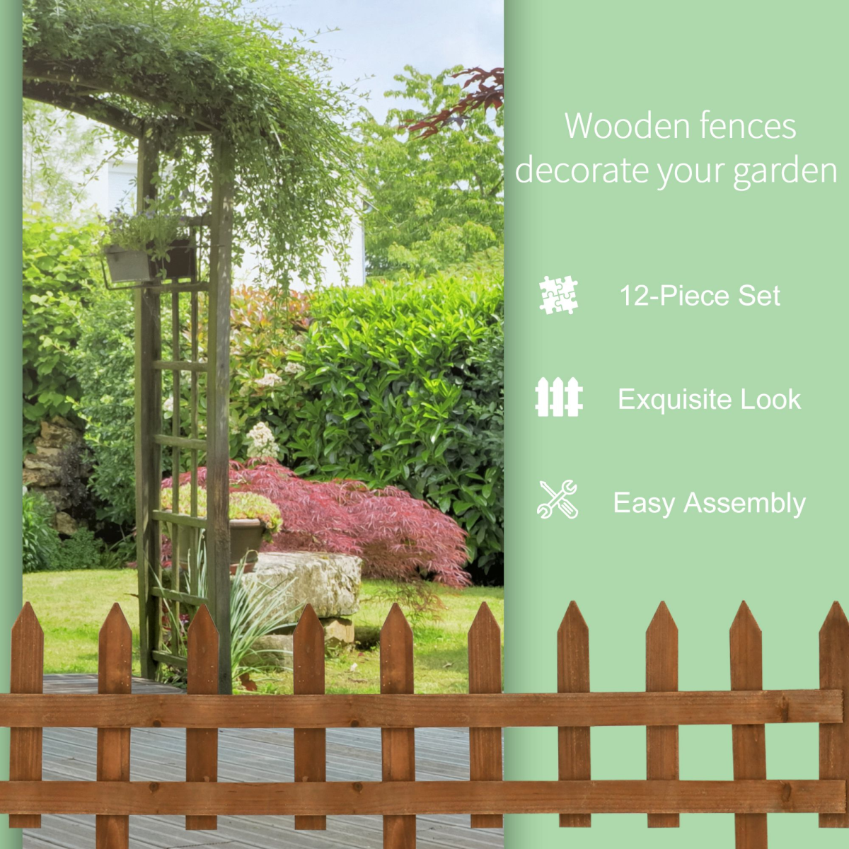 Outsunny 12-Pack Wooden Garden Border Fence Panels, Fixed Picket Fencing