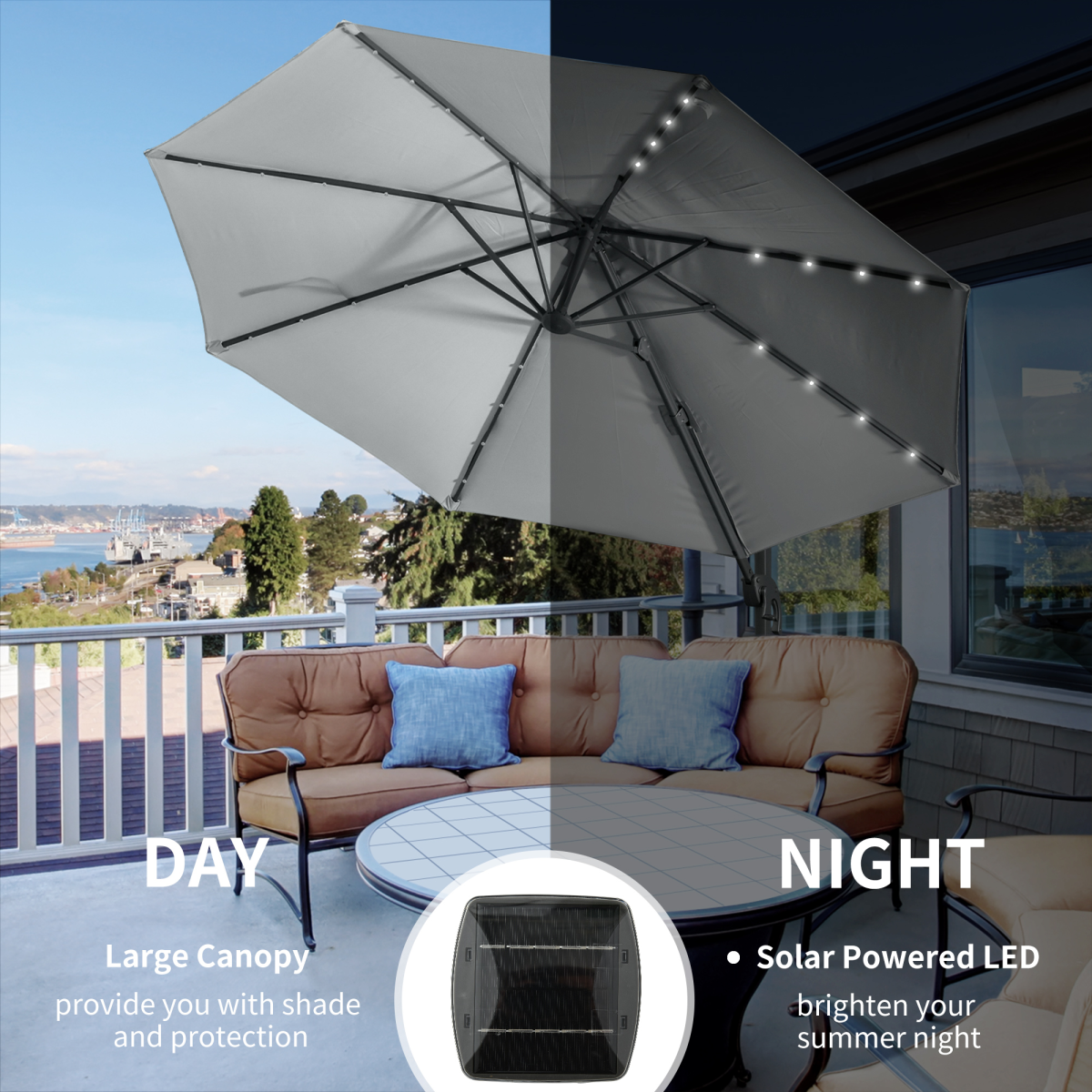 3m Cantilever Roma Patio Parasol with LED Solar Light, Grey