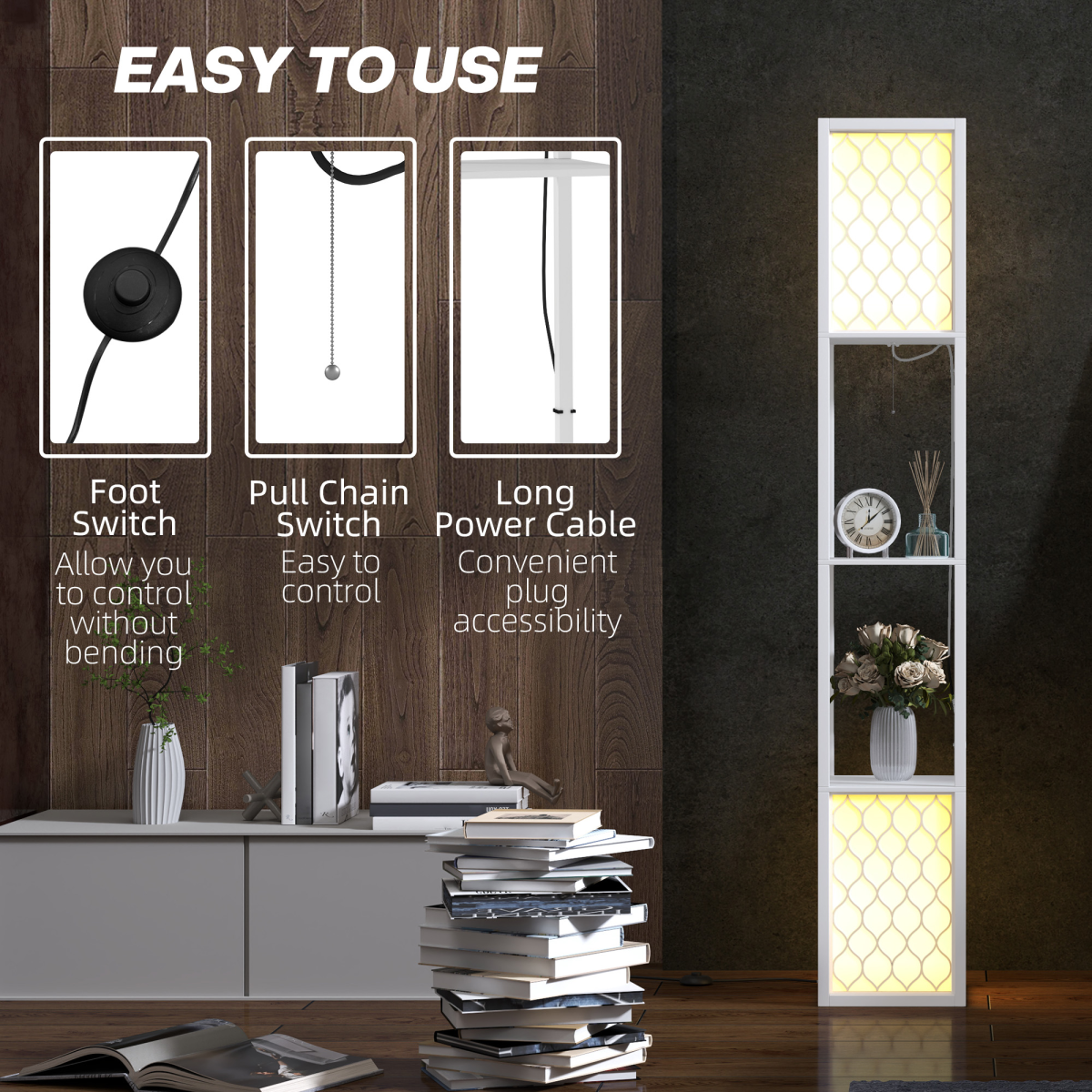 HOMCOM Modern 2-Light Floor Lamp with Shelves, White