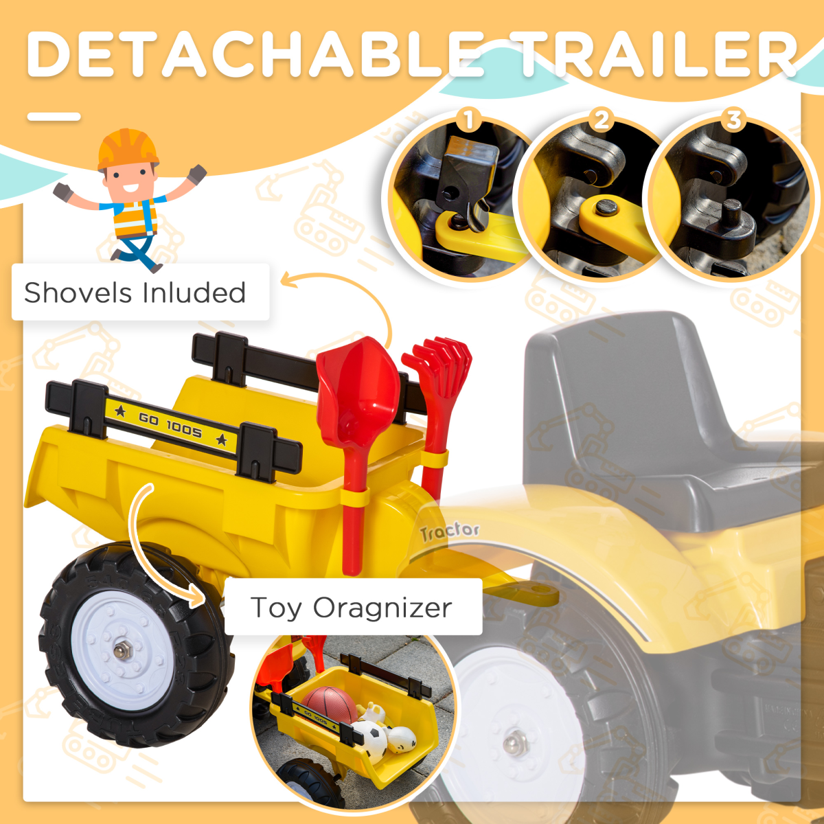 Ride-On Pedal Digger Construction Toy with Horn, Detachable Trailer and Shovel for Kids 3-6 Years