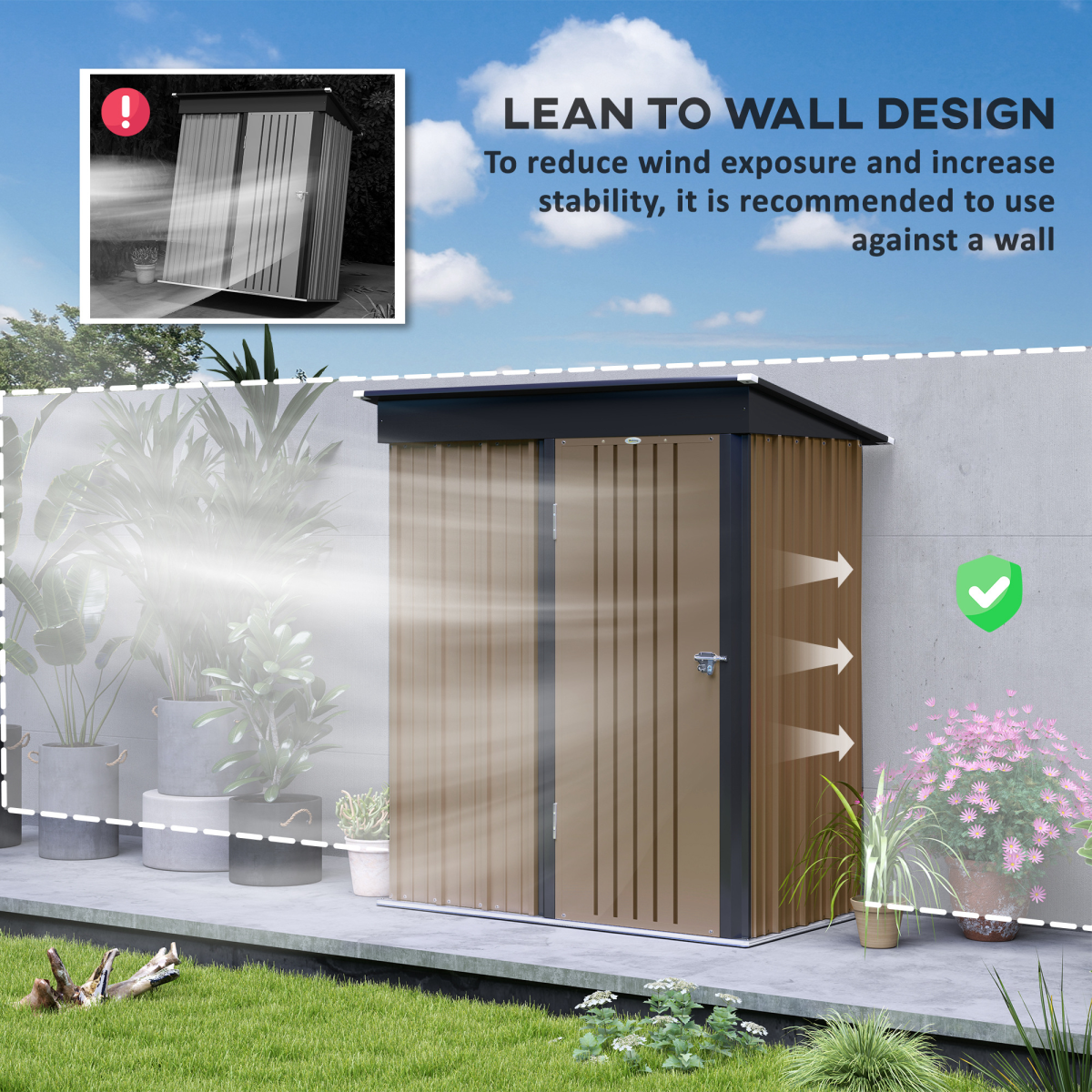 Outsunny Lean-to Steel Garden Shed, 5x3 ft, Bike Storage, Brown
