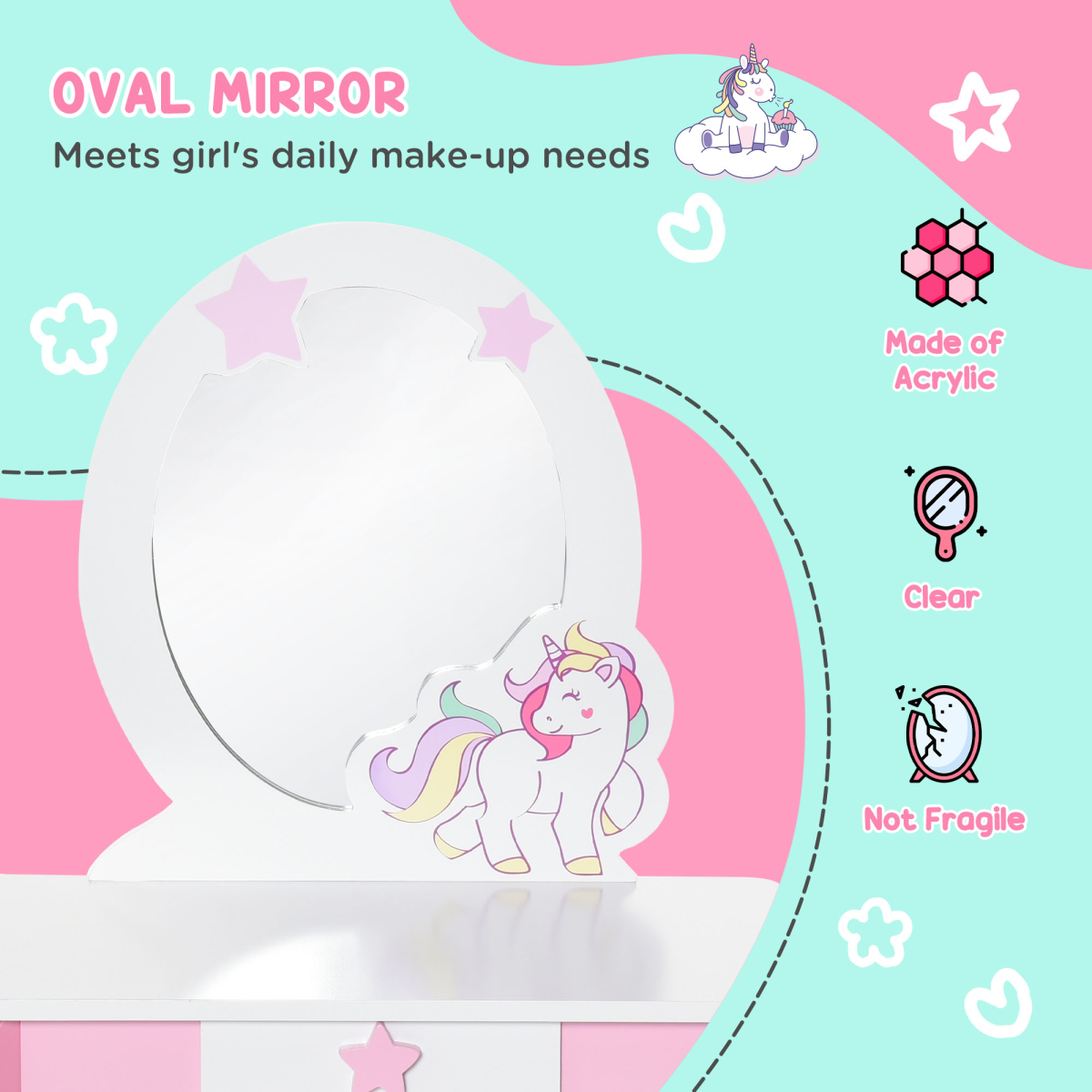 HOMCOM Kids Vanity Dressing Table Set with Mirror, Stool, Unicorn Design