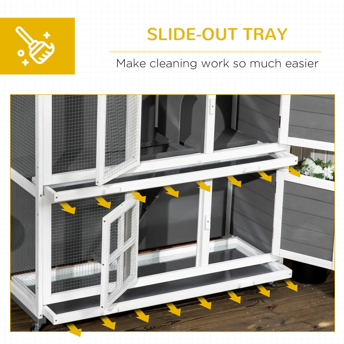 PawHut Wooden Two-Tier Rabbit Hutch with Wheels, Removable Trays, Lockable Doors, Grey