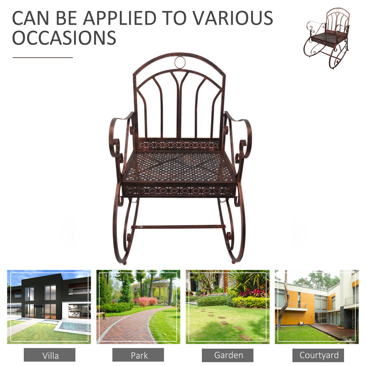 Outsunny Bronze Metal 2-in-1 Outdoor Rocking Chair Bench with Armrests