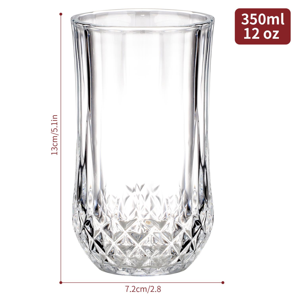 Vinsani 350ml Crystal-Cut Tall Glasses 6 Pack, Dishwasher Safe, BPA Free, Toughened Soda-Lime Glass