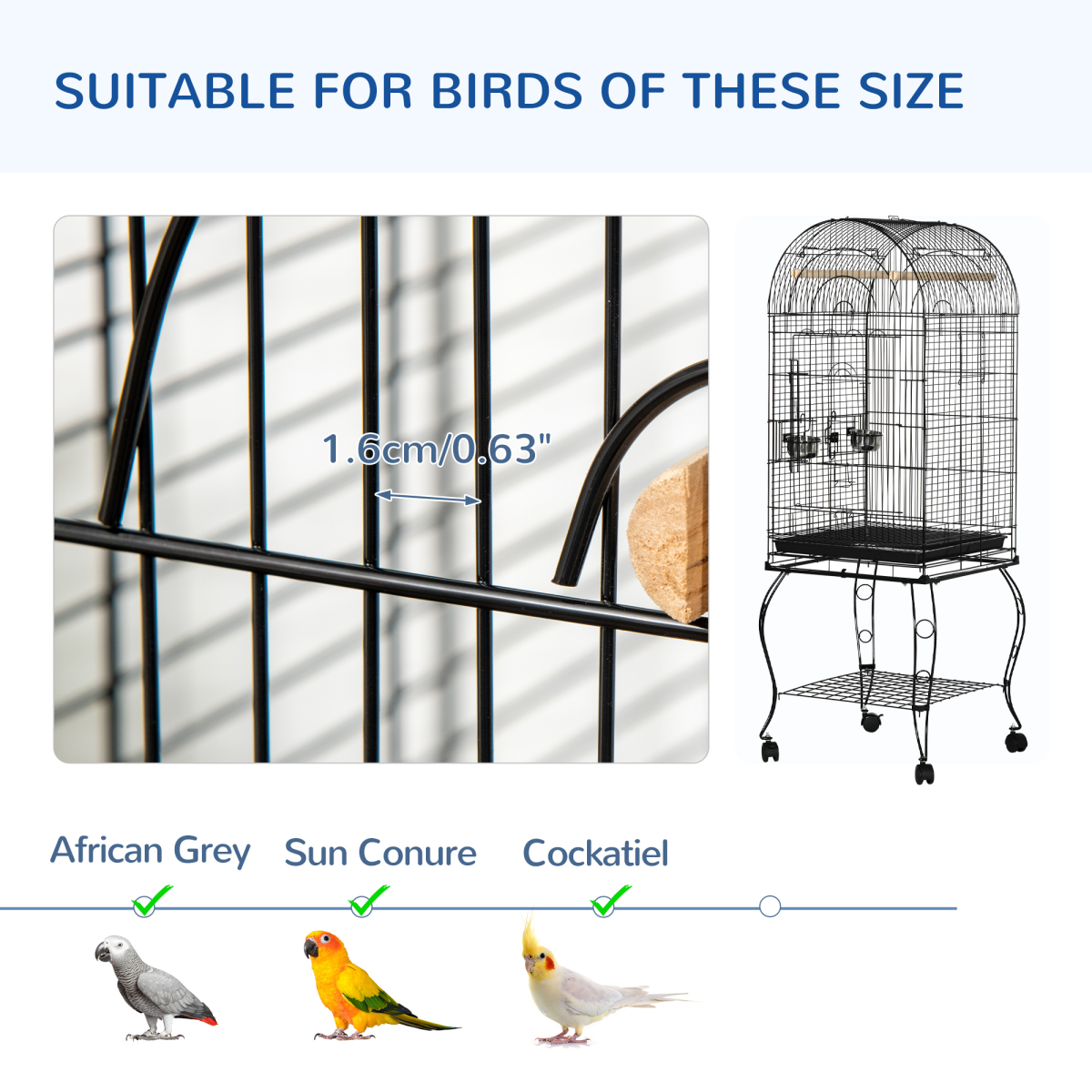 PawHut Large Metal Bird Cage with Perch & Feeding Stand, Black