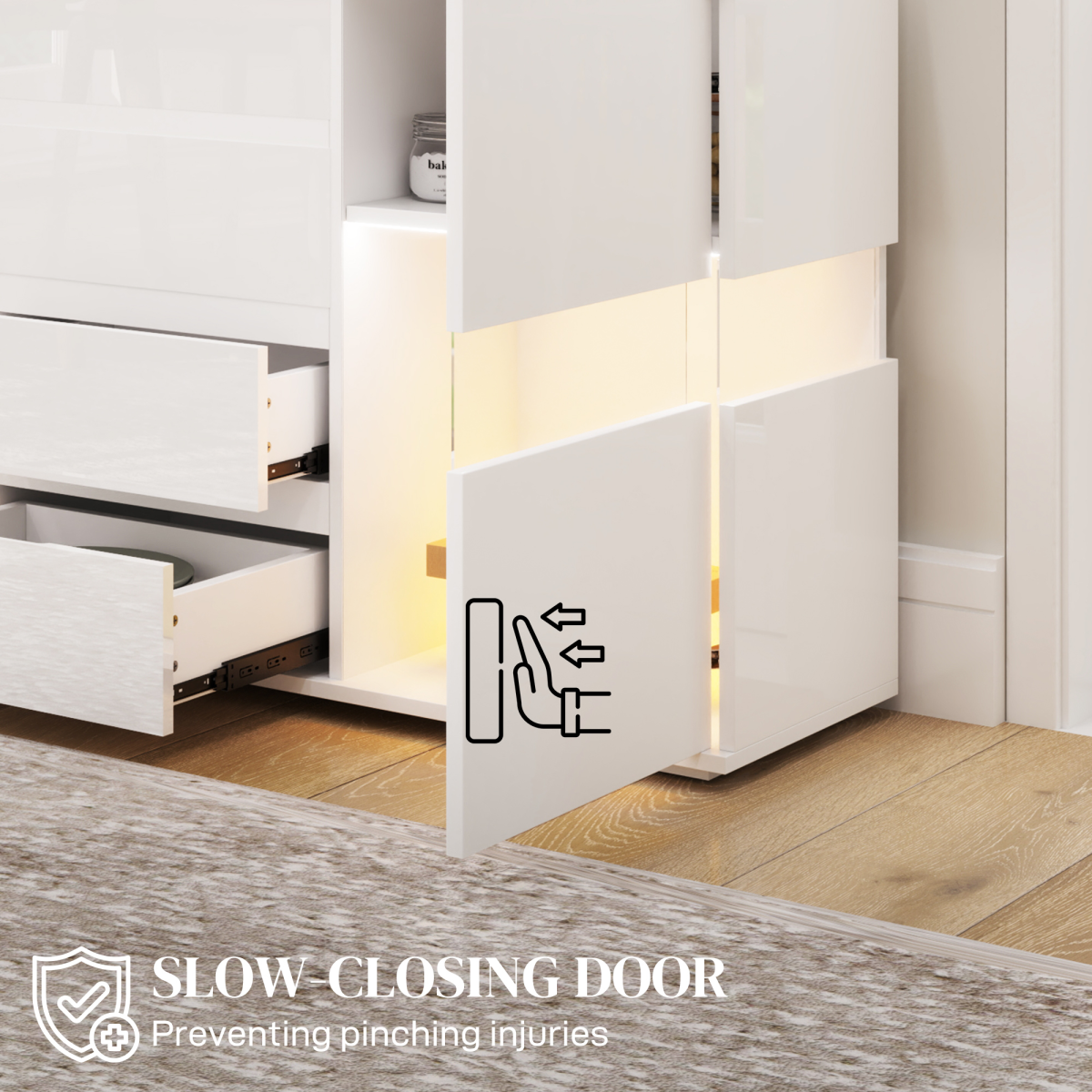 HOMCOM White High Gloss LED Sideboard with 4 Drawers & Cupboards