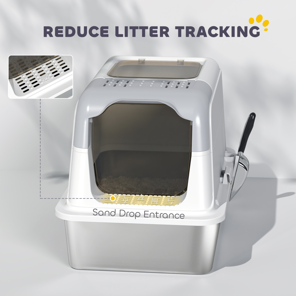 PawHut Enclosed Stainless Steel Cat Litter Box with Scoop