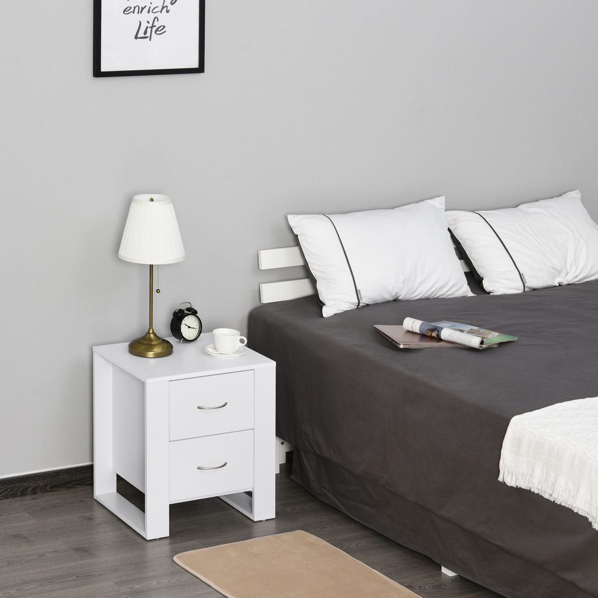 HOMCOM White Particle Board 2-Drawer Bedside Table with Silver Handles