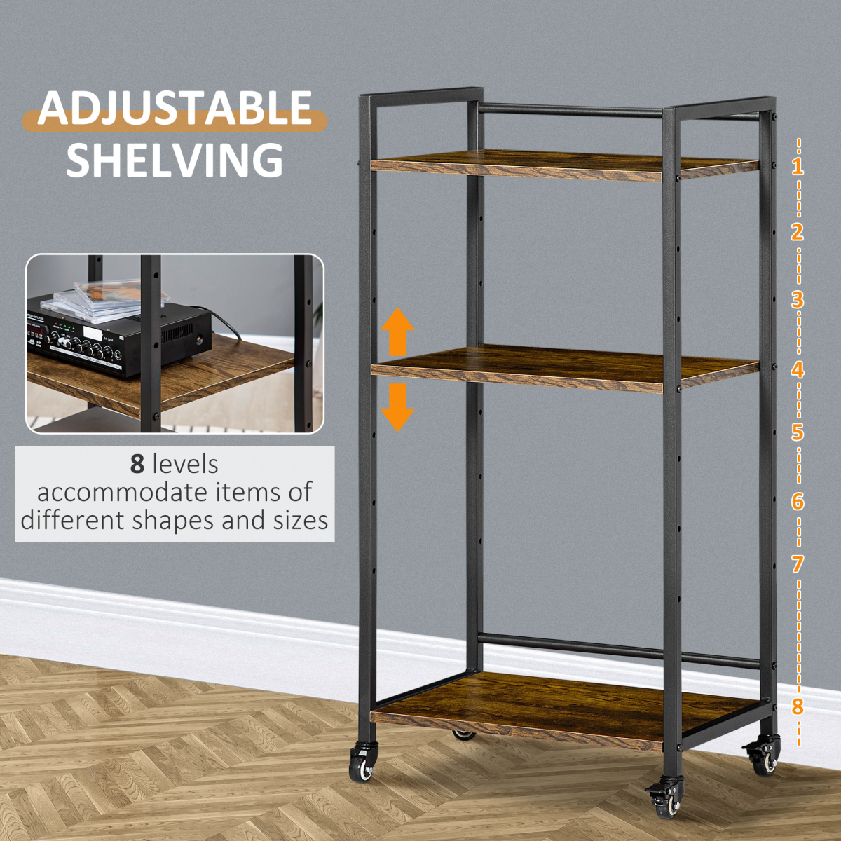HOMCOM 3-Tier Adjustable Printer Stand Utility Cart, Rolling Trolley with Shelves and Lockable Casters