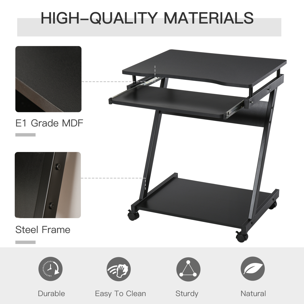 Movable Computer Desk with 4 Moving Wheels Sliding Keyboard Tray Black