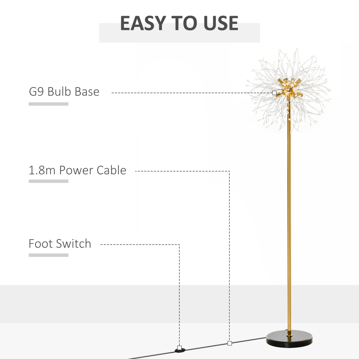 HOMCOM Modern Gold Tone Crystal Floor Lamp with Foot Switch