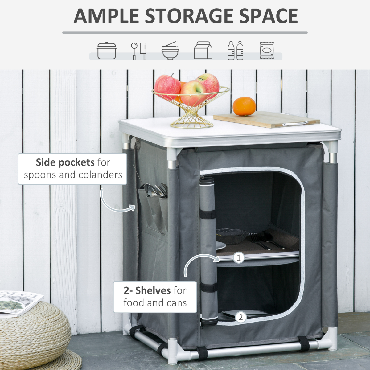 Portable Outdoor Camping Kitchen Station Cook Table with 2 Shelves, Aluminum Frame and Carry Bag