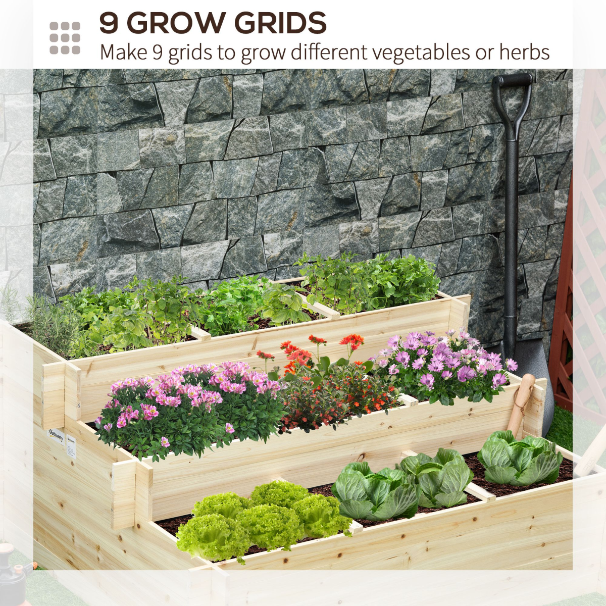 Outsunny 3-Tier Raised Garden Flower Box with 9 Grow Grids and Non-Woven Fabric