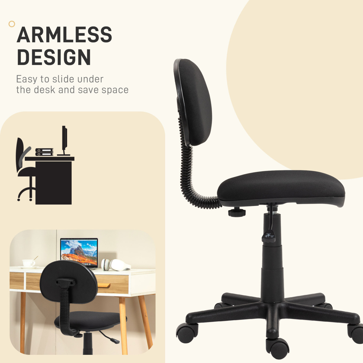 HOMCOM Armless Office Chair, Adjustable Height, Swivel Wheels, Black