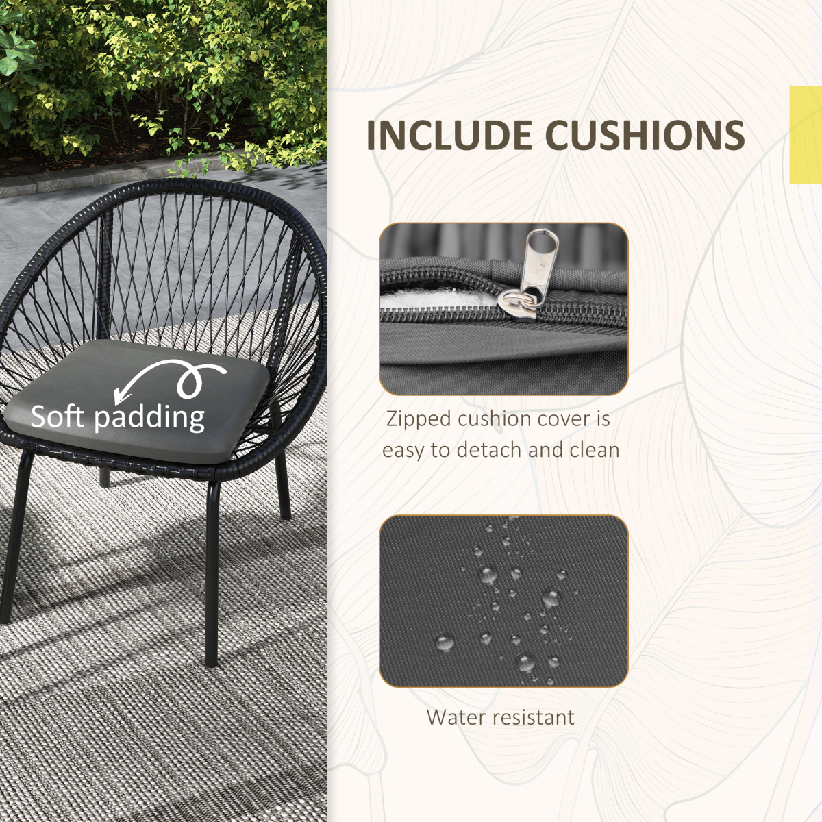 Outsunny 3 Piece Garden Bistro Set with 2 Round Wicker Chairs and Coffee Table