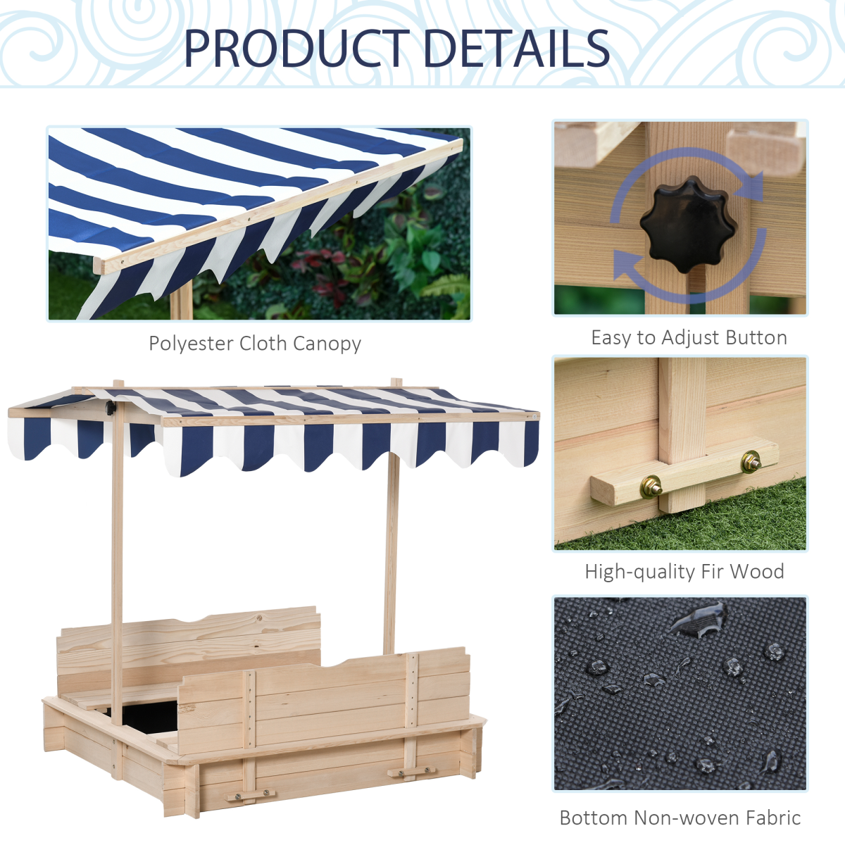 Outsunny Kids Wooden Sandpit with Adjustable Canopy and Benches
