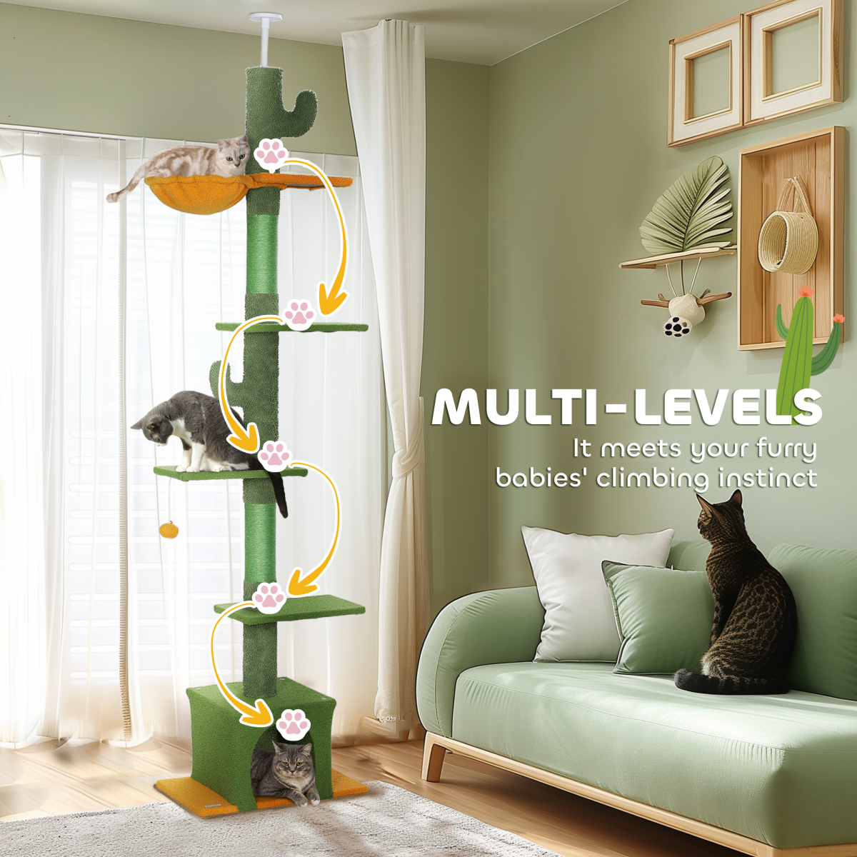 PawHut Adjustable Floor-to-Ceiling Indoor Cat Tree with House & Hammock