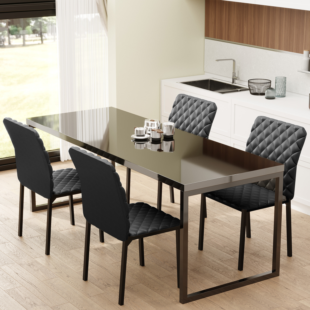 Modern Quilted PU Leather Dining Chairs, Set of 4, Black